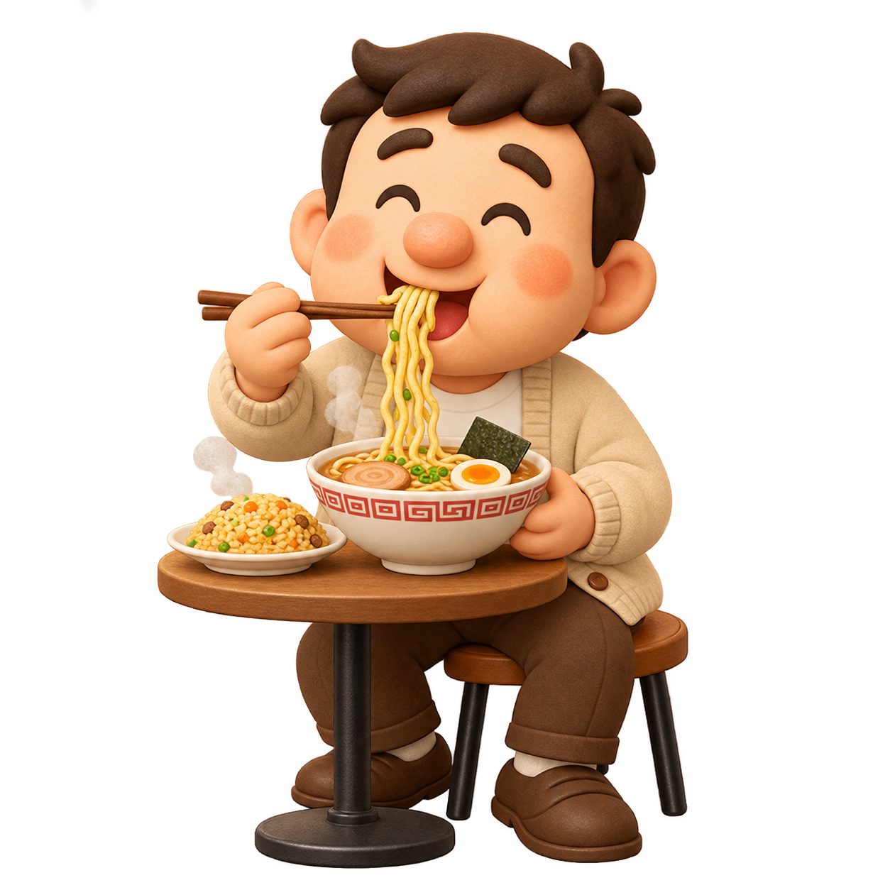 ラーメンとチャーハンを楽しむ新しい大吉くん